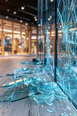 Close up of damaged office window pane with shattered glass   vandalism or accident concept