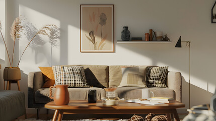 Interior design of cozy living room interior with mock up poster frame brown sofa patterned pillow plaid slippers round coffee table beige pitcher and personal accessories Home decor T : Generative AI