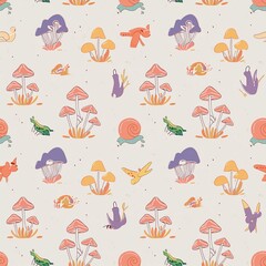 a seamless pattern featuring various species of mushrooms and fungi, paired with wood