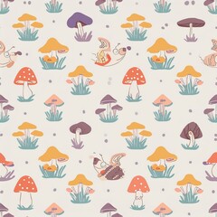 a seamless pattern featuring various species of mushrooms and fungi, paired with wood