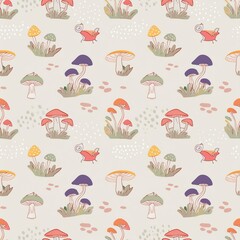 a seamless pattern featuring various species of mushrooms and fungi, paired with wood