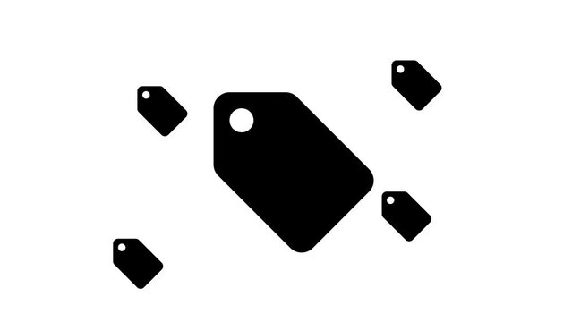 Zoom in and out animation the discount label symbol. Large black symbol in the center and four small symbols around. Seamless looped 4k animation on white background