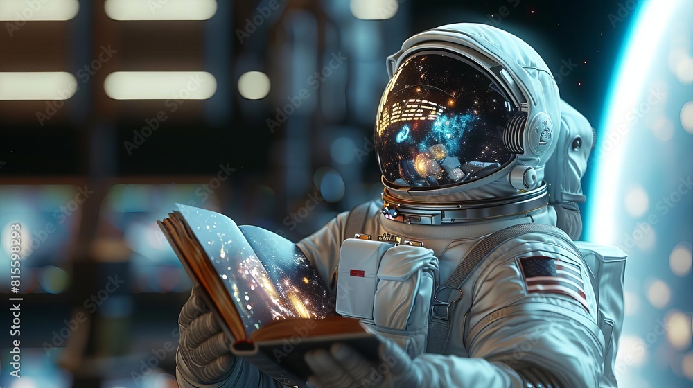 Wall mural a highdetail 3d render of an astronaut in a space suit, holding a book with a reflective cover showi