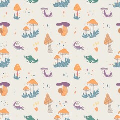 Fototapeta premium a seamless pattern featuring various species of mushrooms and fungi, paired with wood