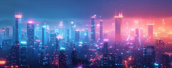 Obraz premium A futuristic megalopolis bustling with activity, its towering skyscrapers and neon lights illuminating the night sky. illustration.