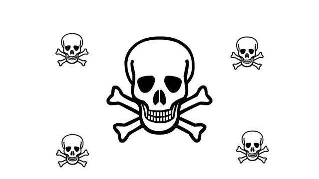 Zoom in and out animation the skull symbol. Large black symbol in the center and four small symbols around. Seamless looped 4k animation on white background