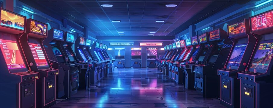 A futuristic arcade filled with holographic displays and virtual reality simulations, where gamers embark on thrilling adventures in digital worlds.   illustration.