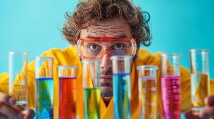 Man scientist in laboratory holding test tubes and beakers. Chemical research. Scientist conducts an experiment in the colorful laboratory. Image in vivid colors. 