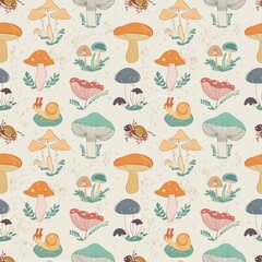 a seamless pattern featuring various species of mushrooms and fungi, paired with wood