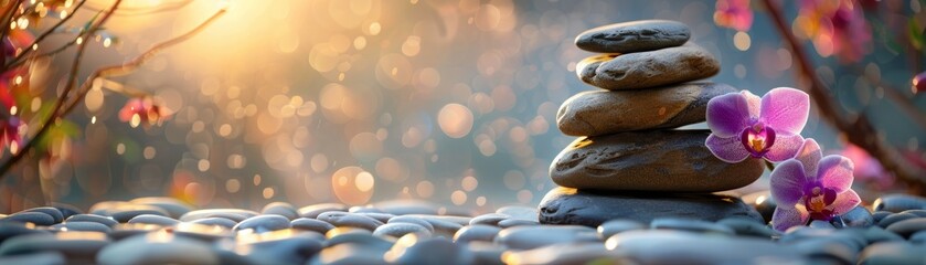 A stack of smooth stones with an orchid on the right side and a small branch with pink flowers on the left side