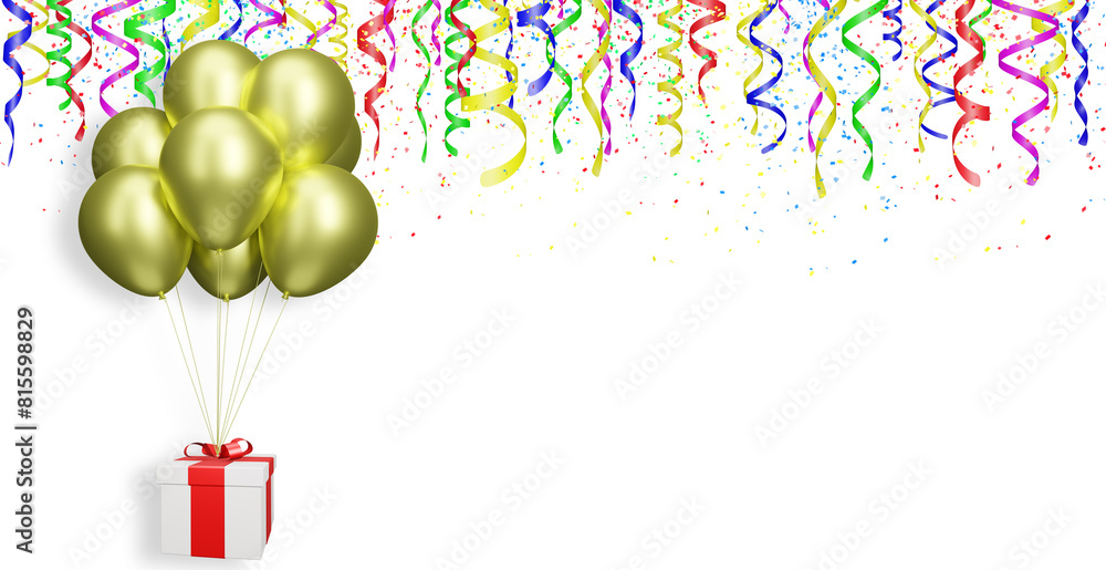 Aufkleber flying gift box with golden or yellow balloons on white background with curly ribbon. Empty space for text. 3d rendering