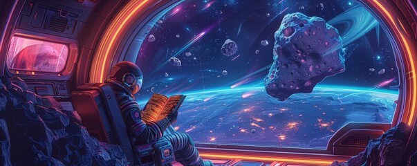 A neonlit scene of a cozy spacecraft nook, where a traveler reads a scifi novel surrounded by views of passing asteroids