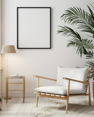 Mock up poster frame on the wall in living room interior, white couch, minimalist modern interior with 3d illustration. 