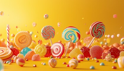 Candy Month Concept Colorful Candies Yellow Background Lollipops