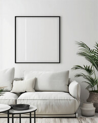 Mock up poster frame on the wall in living room interior, white couch, minimalist modern interior with 3d illustration. 