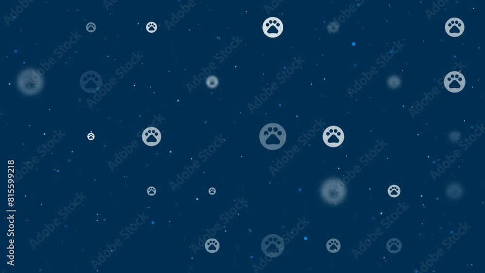 Poster template animation of evenly spaced pet symbols of different sizes and opacity. animation of transpa