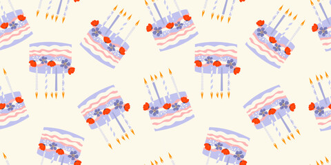 Party seamless background with floral cakes in pastel colors. Great for birthday parties, textiles, banners, wallpapers, wrapping. Trendy design for cards, invitations, email header.