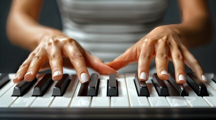 Fototapeta premium A woman plays the piano. Piano keys close up.