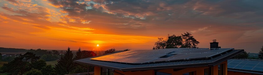 Fototapeta premium Sunset over the roof of house with photovoltaic panels 