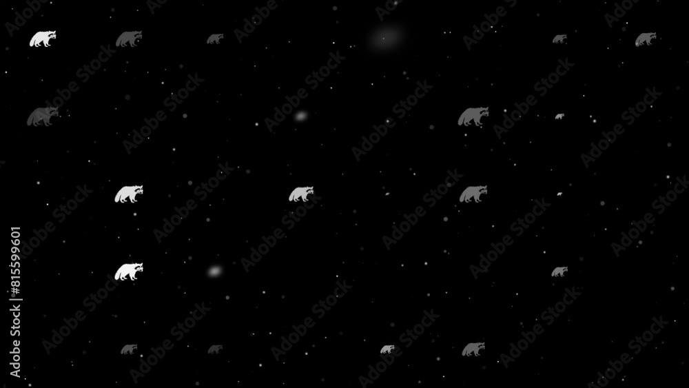 Poster template animation of evenly spaced raccoon symbols of different sizes and opacity. animation of tra