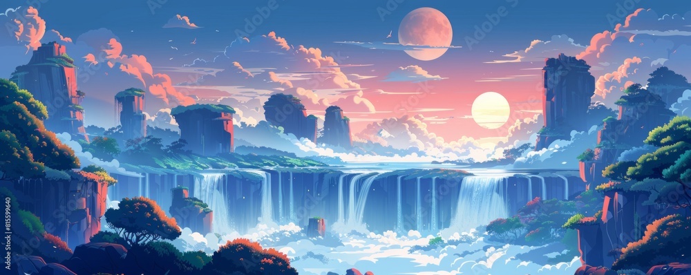 Aufkleber a mystical realm of floating islands and cascading waterfalls, where mythical creatures and ancient 