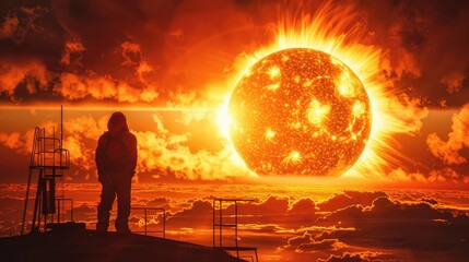 The image shows a man standing on a barren plain with a giant fireball in the sky. The man is wearing a protective suit. The fireball is getting closer and closer.