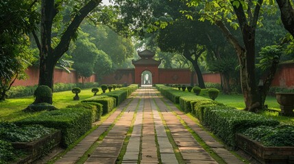 The image shows a long walkway in a park.