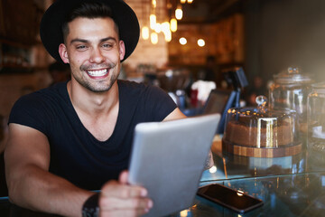 Happy, coffee shop and man in cafe with tablet for small business, stock inventory and store website. Restaurant, hospitality and waiter by counter on digital tech for orders, help and inventory