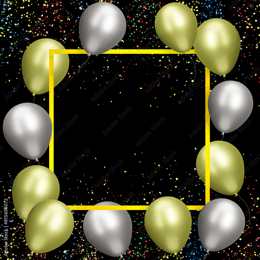 Aufkleber Golden frame with gold and silver balloons on black background with confetti. Empty space for text. 3d rendering