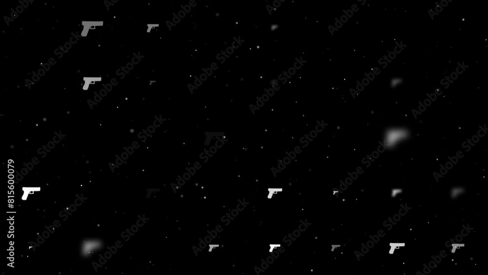Poster template animation of evenly spaced gun symbols of different sizes and opacity. animation of transpa