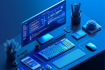 Modern computer with keyboard and mouse on table. ai generated