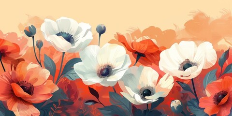 flowers , white flowers, modern art, art deco, flowers, colors. illustration