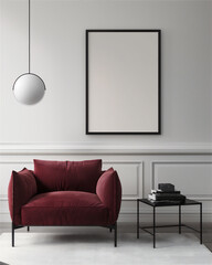 Mock up poster frame on the wall in living room interior, red couch, minimalist modern interior with 3d illustration. 