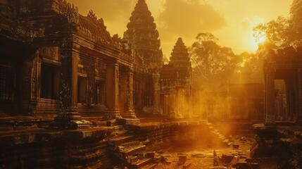 The majestic Angkor Wat temple complex in Siem Reap, Cambodia is bathed in the warm glow of the setting sun.