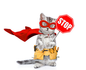 Cute kitten wearing red superhero costume and tool belt standing on hiund legs and looking at...