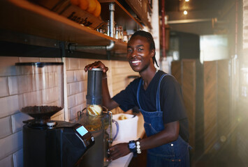 Happy, coffee shop and portrait of black man in cafe for serving caffeine, drinks and beverage for...