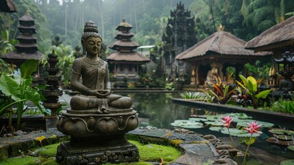 The photo shows a beautiful Balinese temple with a statue of Buddha in the center