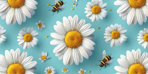 Fototapeta premium Seamless pattern with daisy flower and bee cartoons on blue background. illustration