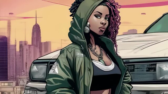 beautiful gorgeous pretty fashion latin model strong woman with supercar in comix cartoon style - 4K stock Video Animation footage