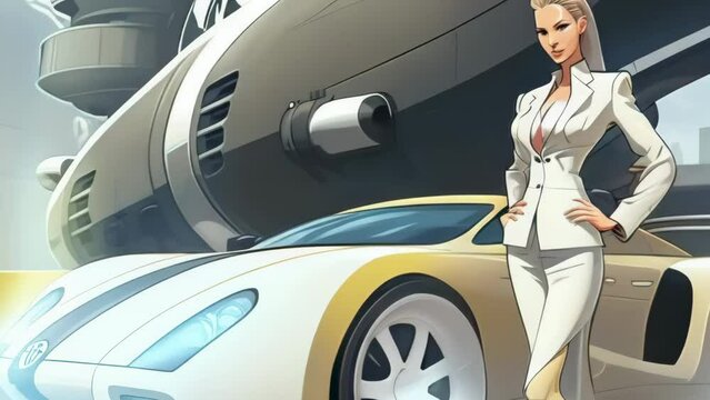 beautiful gorgeous pretty fashion blonde model strong woman with supercar in comix cartoon style - 4K stock Video Animation footage