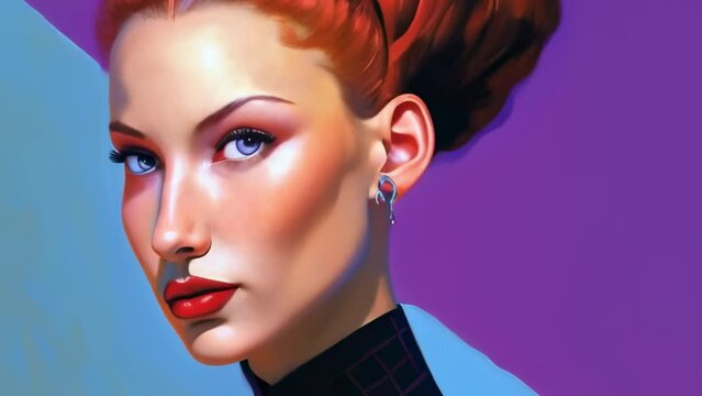 beautiful gorgeous pretty fashion red hair model strong woman portrait in comix cartoon style - 4K stock Video Animation footage