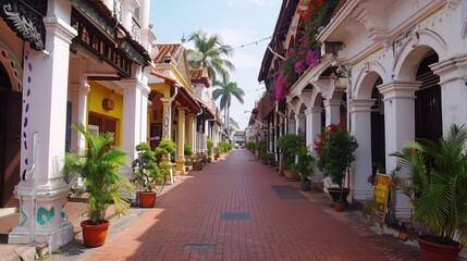 Fototapeta premium The photo shows a narrow street with colorful buildings on both sides
