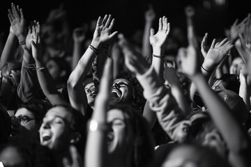 Energetic crowd with hands raised in a black and white photo, capturing the excitement and unity of the moment