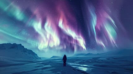 Fototapeta premium The photo shows a person standing in a snowy landscape, looking at the aurora borealis