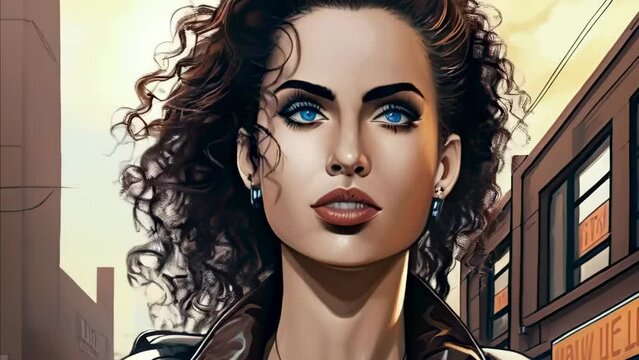 beautiful gorgeous pretty fashion model strong woman portrait in comix cartoon style - 4K stock Video Animation footage