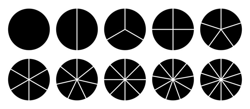 Infographic icons circles set divided radius in black and white color vector image. Segments of circle with 1 to 10 pieces. Black round diagram. Divided circle sections set.