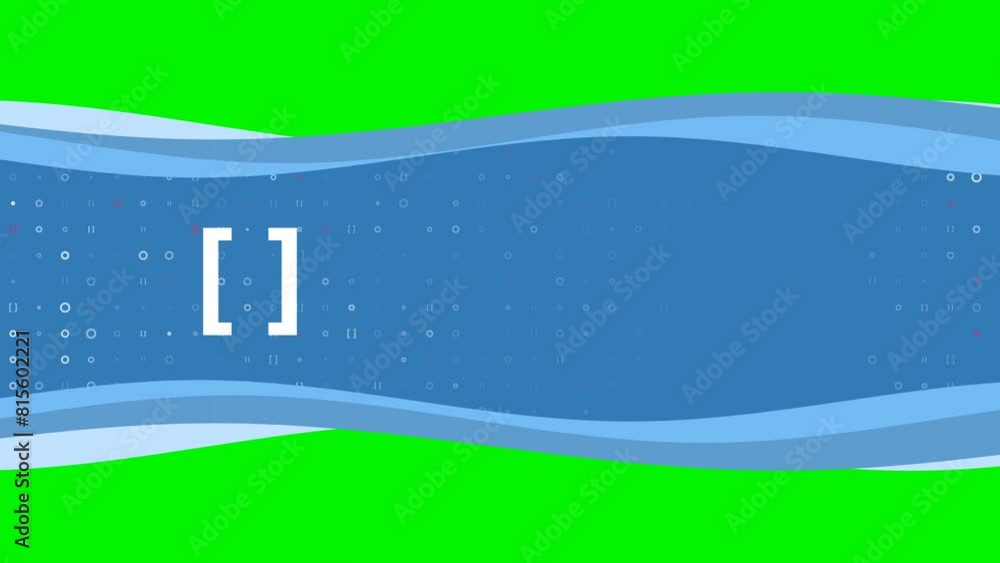 Poster animation of blue banner waves movement with white square brackets symbol on the left. on the backgr