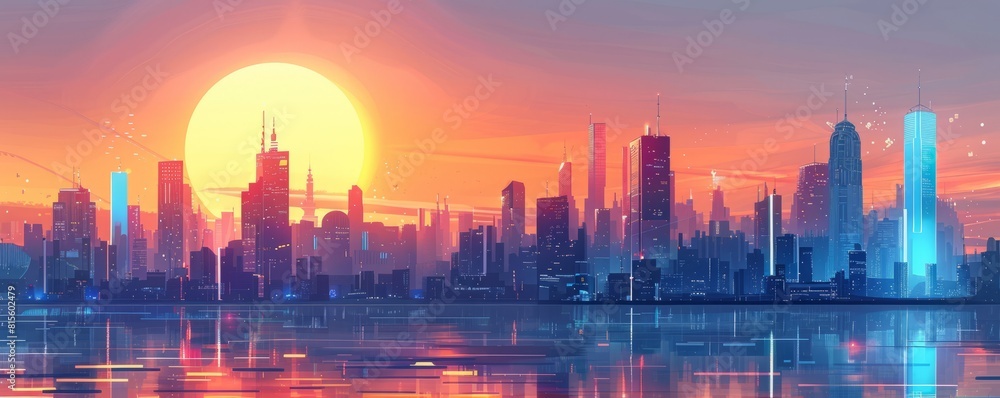 Poster a futuristic cityscape where sleek architecture and advanced transportation systems define the urban