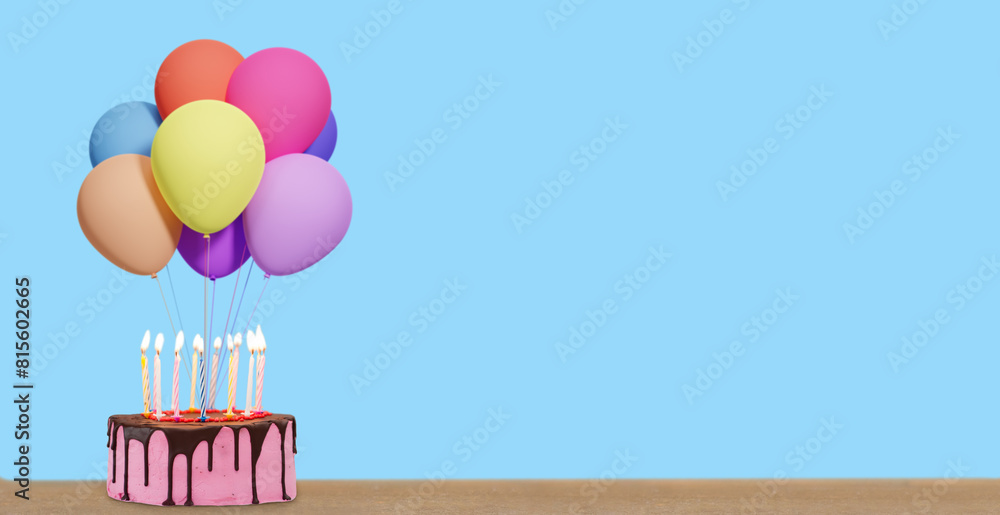 Poster Birthday cake with bunch of colorful balloons on blue background. Empty space for text. 3d rendering