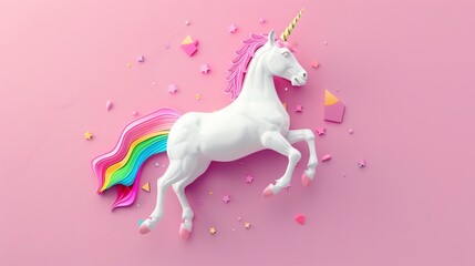 Rainbow unicorn flat design, top view, unicorn theme, 3D render, Splitcomplementary color scheme